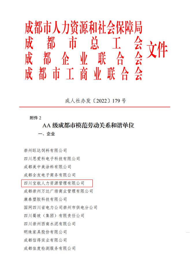 喜报|宝航人力集团荣获AA级成都市模范劳动关系和谐单位